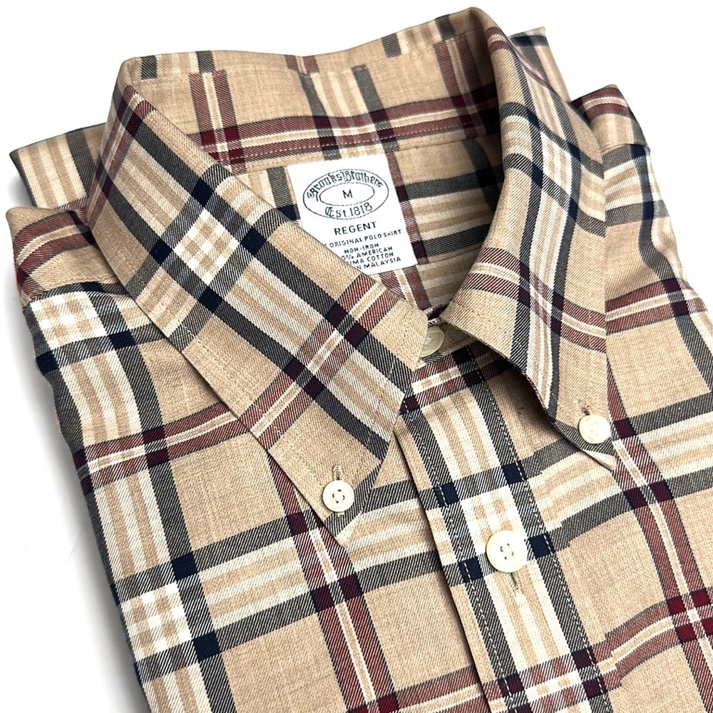 Brooks Brothers Cotton Button Down Shirt Beige Taupe Plaid Regent Fit M